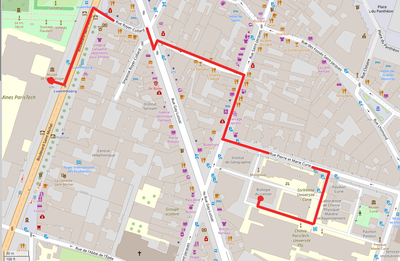 Map showing our two locations : 60 boulevard Saint-Michel, and Biologie du Cancer, 13-15 rue Pierre et Marie Curie.
